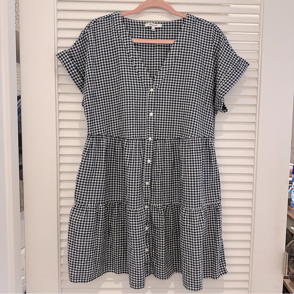 Madewell Cuff-Sleeve Button-Front Tiered Mini Dress in Gingham Check